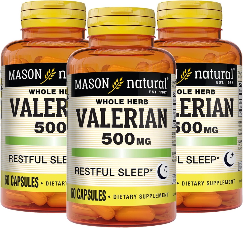 MASON NATURAL Valerian Root 500 mg, 6 Month Supply, Natural Sleep Aid, Promotes Healthy & Restful Sleep, Herbal Supplement, 3 Pack