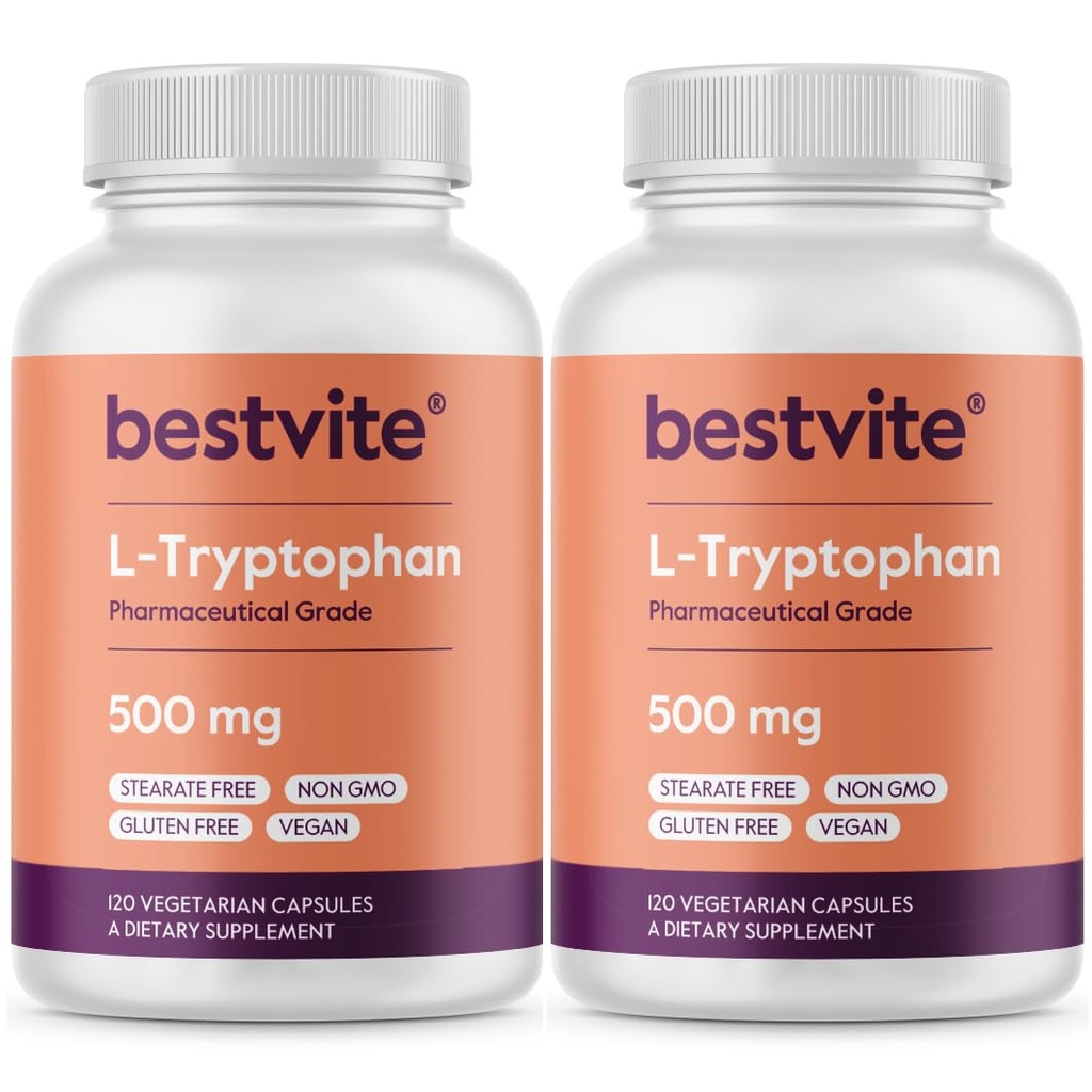 カプセルあたりBESTVITE L-Tryptophan 500mg(240ベジタリアンカプセル)(2-パック) - ステアライズなし - ゼラチンなし - ビーガン - グルテンフリーGMO