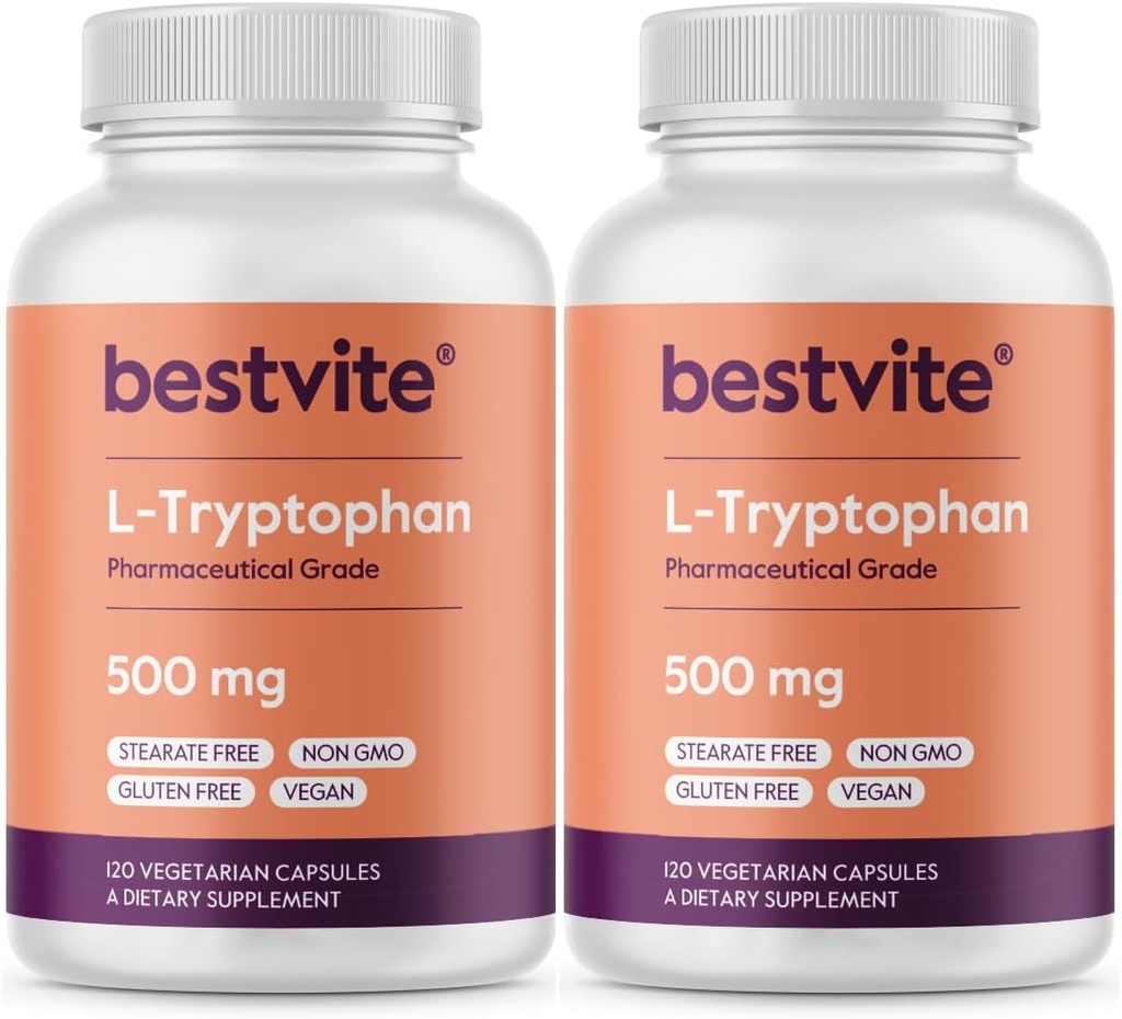 BESTVITE L-Tryptophan 500mg per Capsule (240 Vegetarian Capsules) (2-Pack) - No Stearates - No Silica - No Gelatin - Vegan - Gluten Free - Non GMO