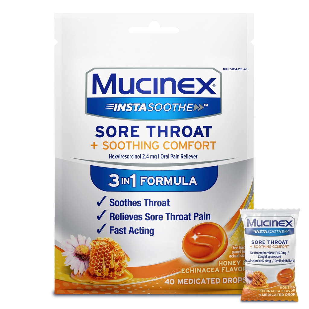 Mucinex Instasoothe の sore Throat の救助の低下、Sore Throat Lozenges、ヘキシレスチコール、咳の低下の代わり、蜂蜜及びEchinacea の味、40 の ct