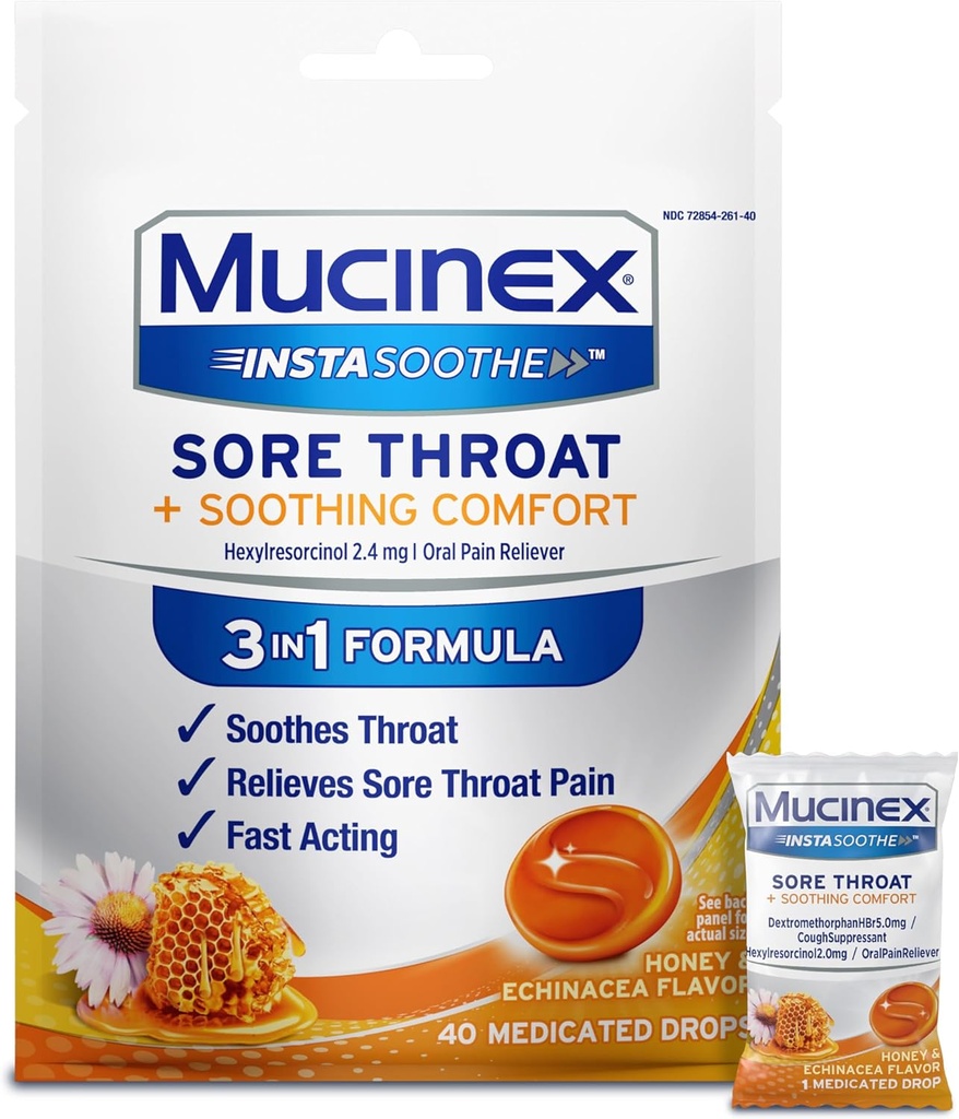 Mucinex Instasoothe の sore Throat の救助の低下、Sore Throat Lozenges、ヘキシレスチコール、咳の低下の代わり、蜂蜜及びEchinacea の味、40 の ct