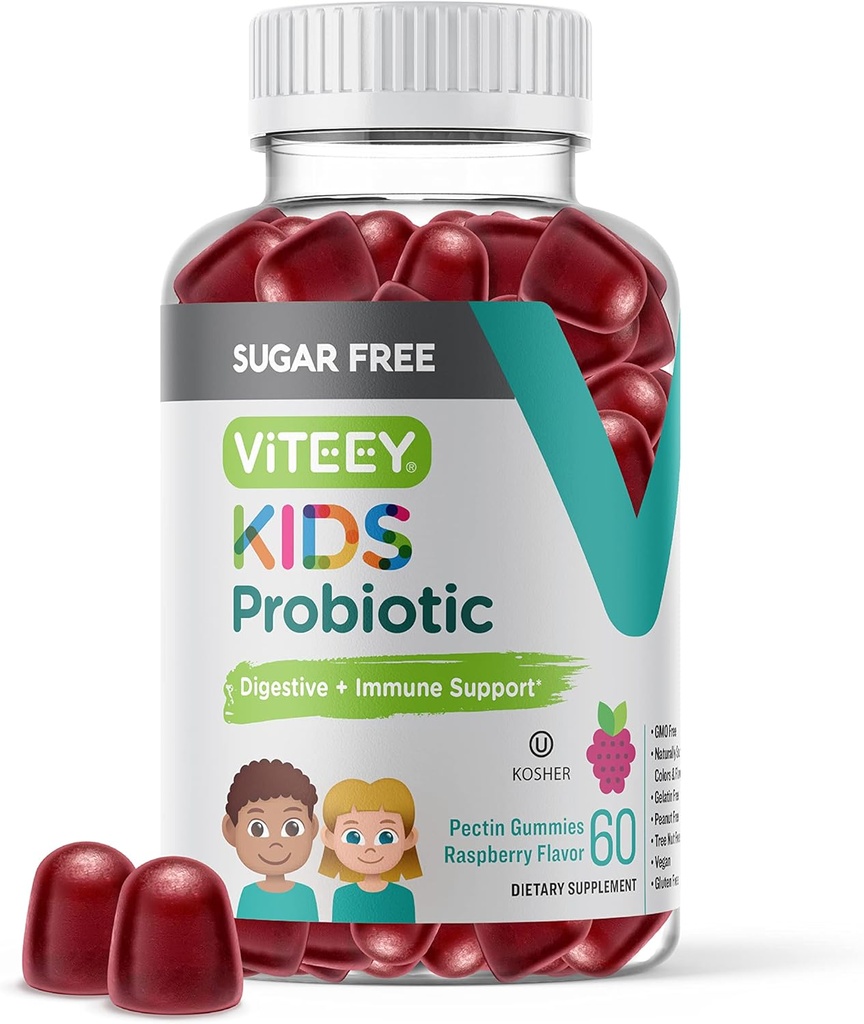 Viteey Probiotic Gummies for Kids - 2 Billion CFUs - プロバイオティクスキッズ便秘救済、自然免疫&消化の健康サポート - ビーガン、ゼラチンフリー、GMOフリー - おいしいChewable Raspberry味付け