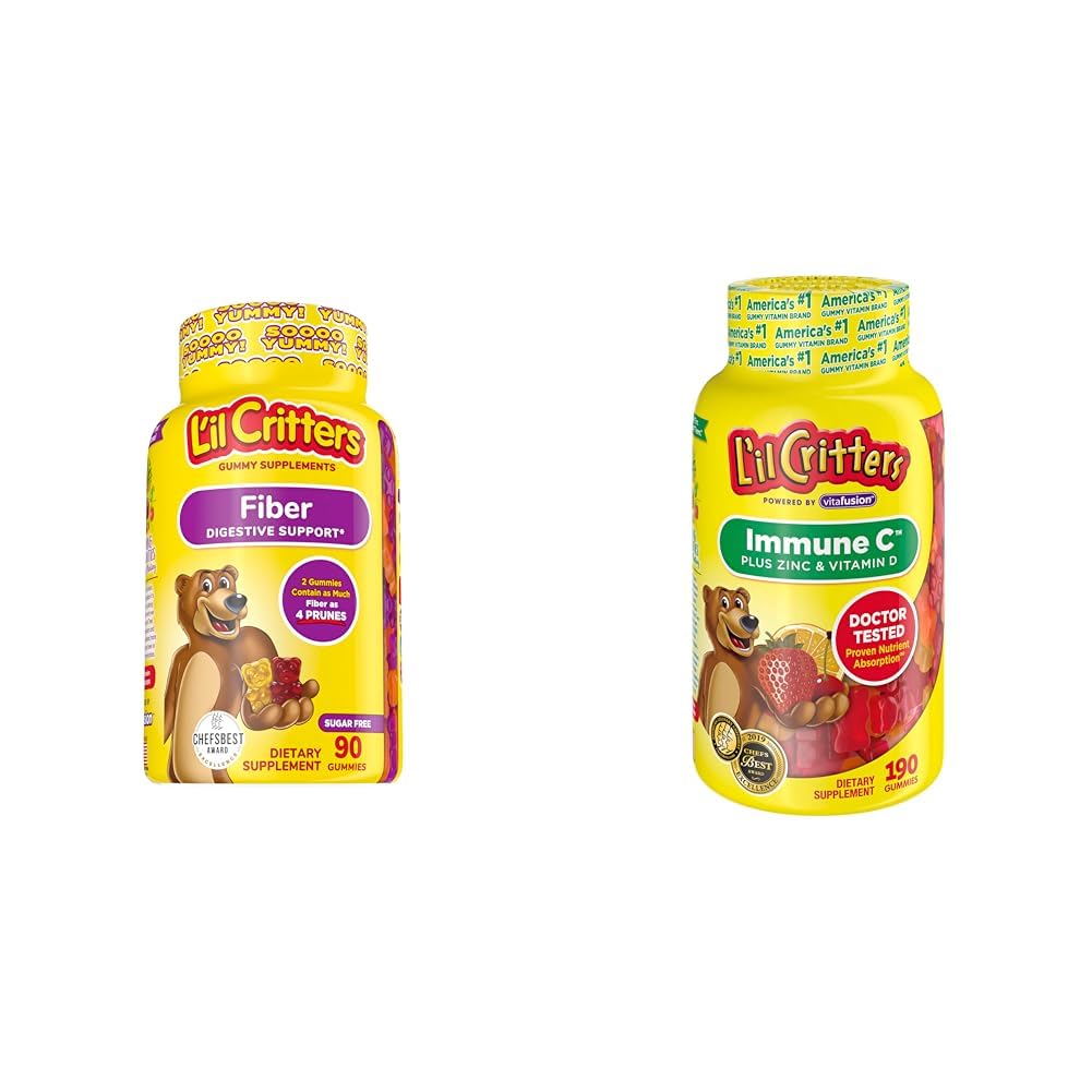 L’il Critters Fiber Daily Gummy Supplement for Kids, Digestive Support, Berry and Lemon Flavors & Immune C Daily Gummy Supplement Vitamin for Kids, ビタミンC, D, 免疫サポート用亜鉛