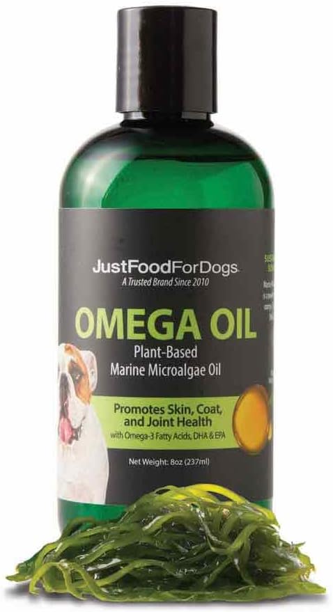 JustFoodForDogs Omega Plus Oil Omega-3 犬、スキン&コートサポート、共同健康、EPA&DHA 藻油、持続可能な&環境に優しい - 8 オンス