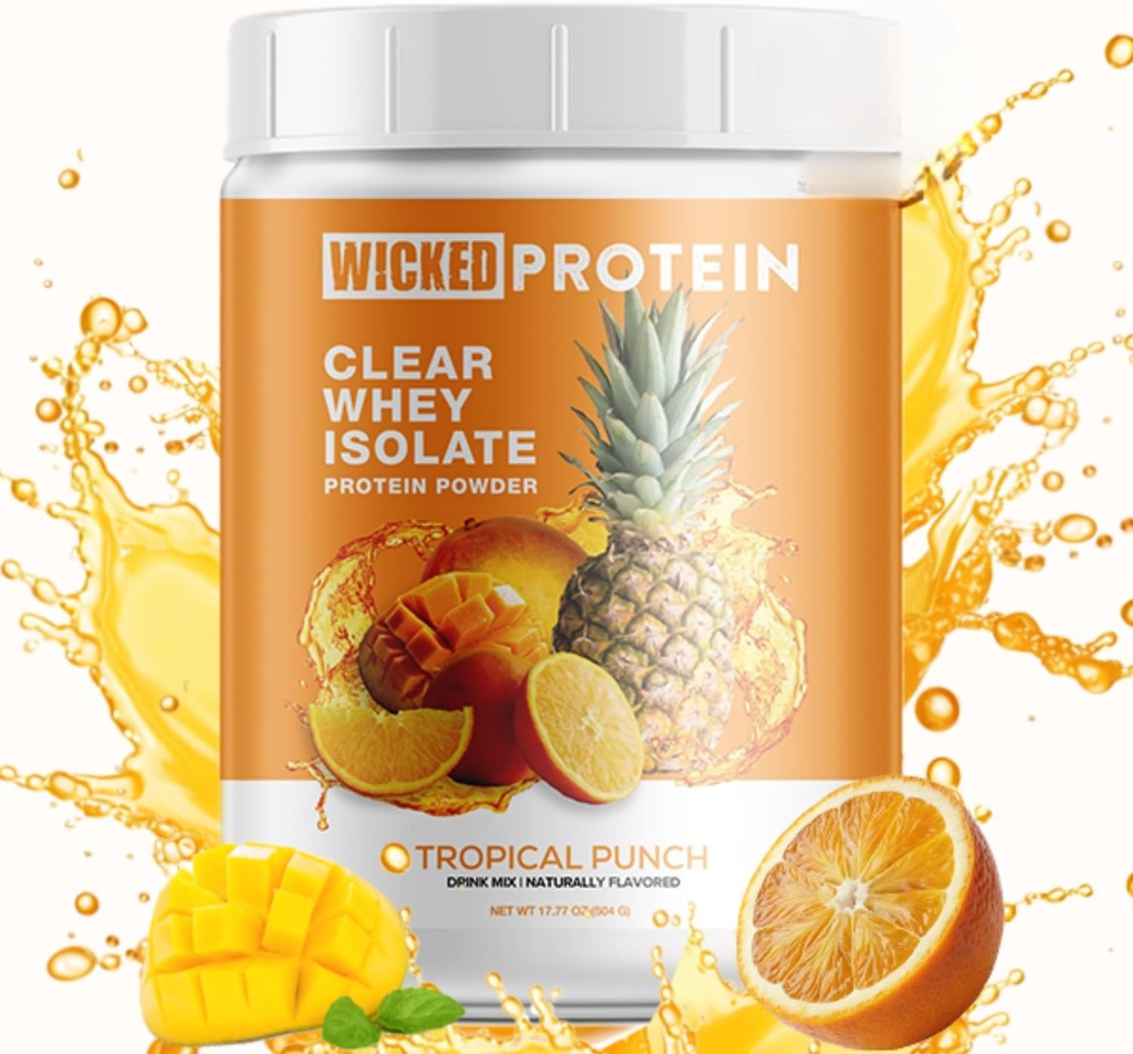 WICKED Protein Powder, Clear Whey Isolate, 23g Protein, 95 Calories, Refreshing Juice, Clean Label Project Certified, Gluten Free, Post Workout Recovery, Protein for Women and Men (Tropical Punch)