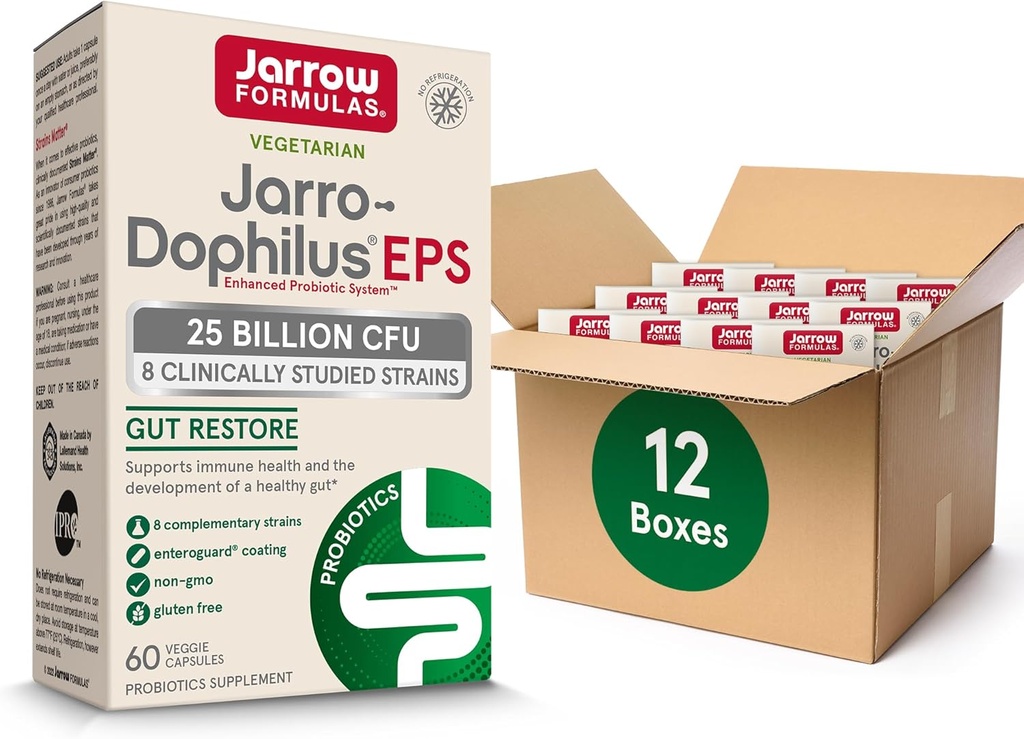 JarrowフォーミュラJaro-Dophilus EPS Probiotics 25 Billion CFU 腸トラクトサポート、Gut Health Probioticsは女性と男性、60ベジギーカプセル、最大60日の供給、12パック