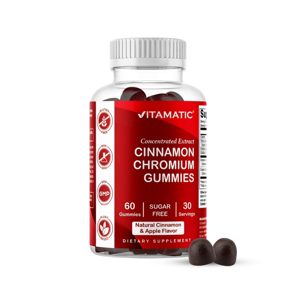 Ceylon CinnamonとVitamatic Sugar-Free Chromium Gummies – 2000 mg 食べ当たり等価 (抽出物から 83 mg) – 非GMO, グルテンフリー – 60 ビーガンガミー
