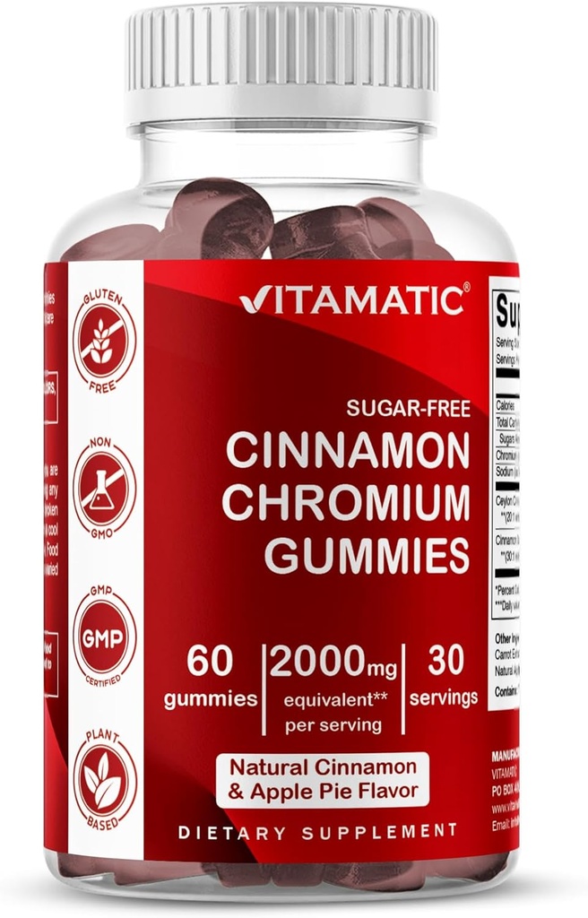 Ceylon CinnamonとVitamatic Sugar-Free Chromium Gummies – 2000 mg 食べ当たり等価 (抽出物から 83 mg) – 非GMO, グルテンフリー – 60 ビーガンガミー