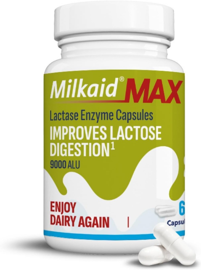 Milkaid Max Capsules for Lactose Intolerance Relief with Lactase Enzyme, Dietary Supplement to Help Prevent Gas, Bloating & Diarrhea Due to Lactose Sensitivity | 9000 ALU (60 Capsules, Unflavored)