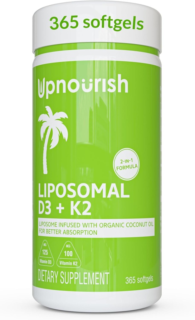 UpNourish Liposomal D3及びK2 MK-7の最適骨および免疫の健康のための高度の吸収、供給5000 IU 125 mcgのビタミンD3および有機ココナッツ オイル、365の小型softgelsの100 mcgのビタミンK2