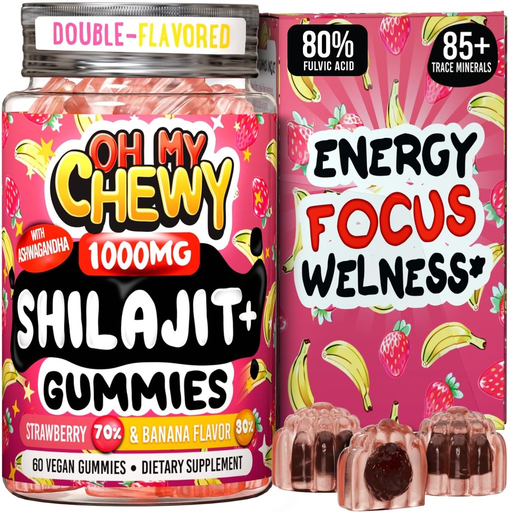Pure Himalayan Shilajit Gummies - High Potency Gold Grade Resin - Energy Boost and Immune Support for Men and Women with Ashwagandha and Shatavari - 60 Gummy - Strawberry & Banana