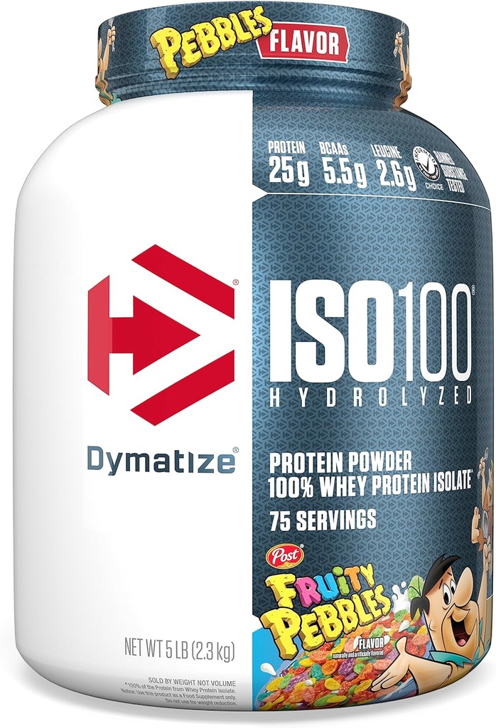 Dymatize x フルーティーな小石ISO100の乳白色蛋白質の粉の隔離剤、蛋白質、5.5g BCAAs、120 Cal。、グルテンフリー、1g脂肪、1g砂糖、2gの炭水化物(75のサービング)