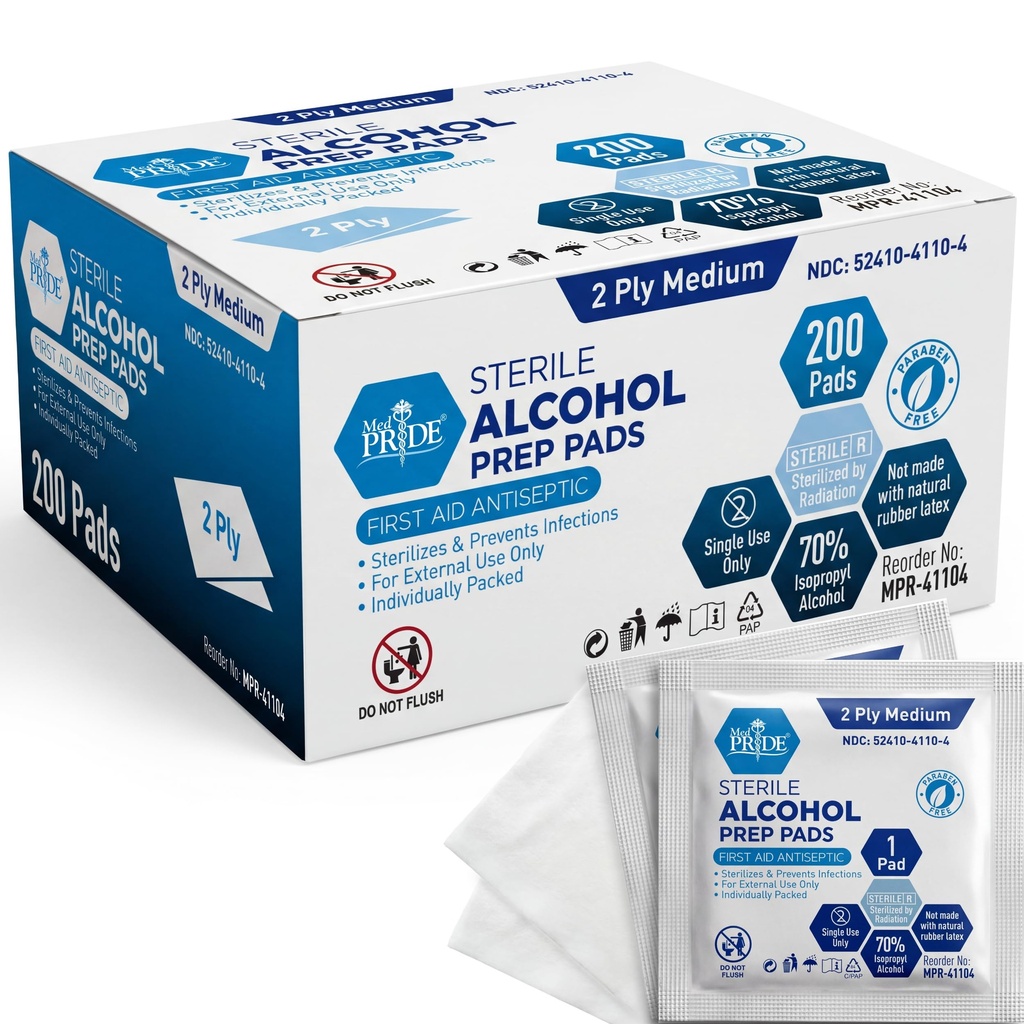MED PRIDEの生殖不能アルコールのプレップ パッド、防腐剤、70%のイソプロピル、個人的に包まれる、医学の等級2の層状ワイプ(200の計算)白