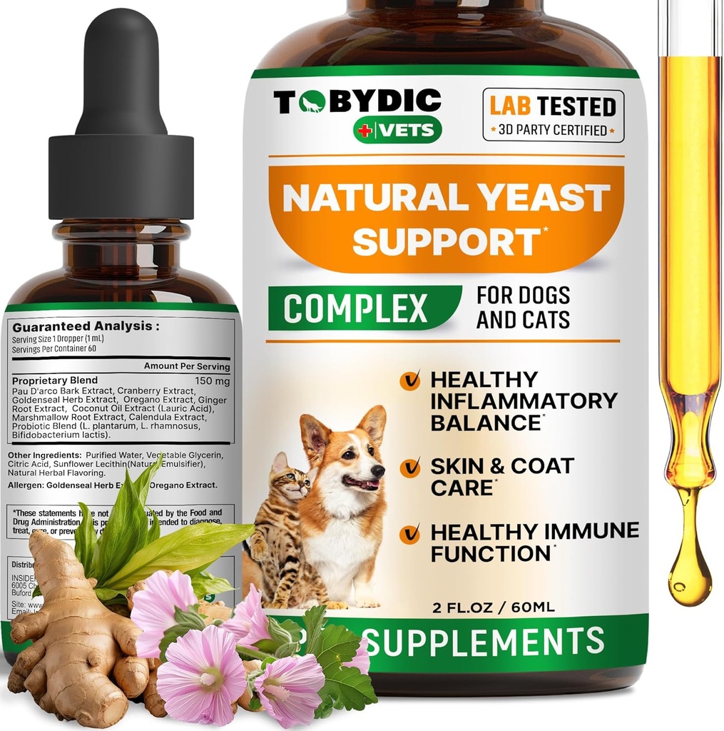 Natural Cats & Dog Yeast Infection Relief - Itchy Skin & Ear Treatment - Reduces Irritation & Relieves Itching and Allergy - Herbal Medicine Drops Supplement - Made in USA