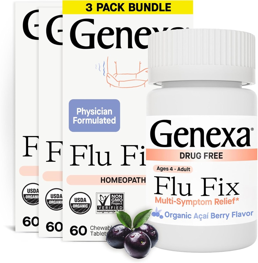 Genexa Flu Fix | キッズ&大人向けマルチシンプトム・フル・レメディ | おいしいオーガニックアサイ・ベリー・フレーバー | 認定オーガニック&非GMO | ホーメオパシー・レメディティ・メイド・クレン | 180 チャイブル・タブレット (3パック)