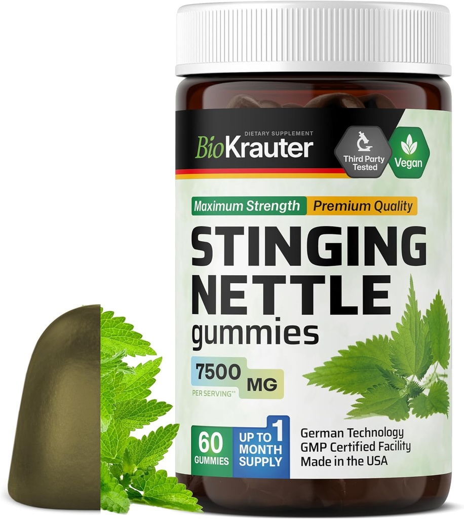 BIO KRAUTER Stinginging Nettle Gummies - 7500 mg 強度 - 60 Chews - Nettle Root 10:1 抽出物 - 尿サポートサプリメント - ビーガングミーゼラチンフリー式