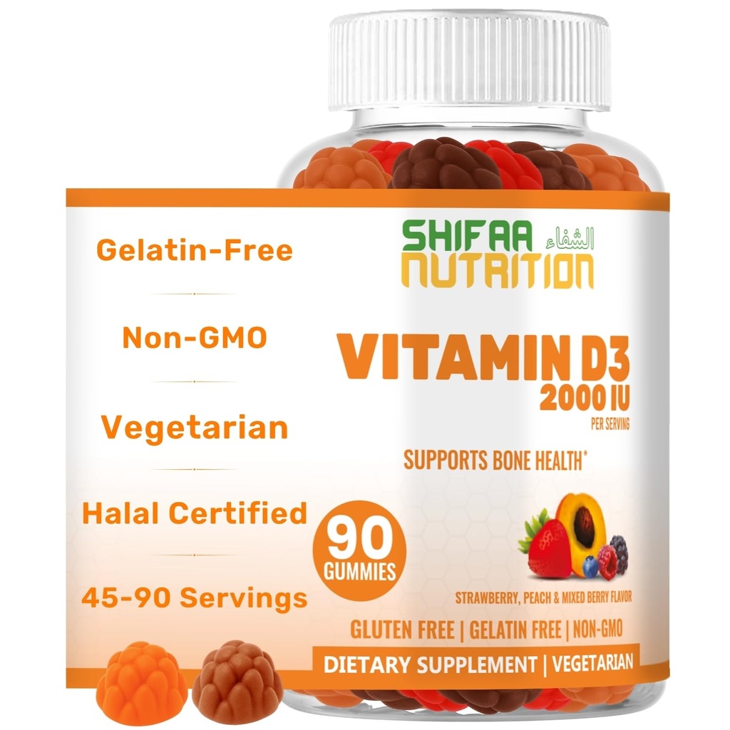 SHIFAA NUTRITION ベジタリアン D3 ガミー(大人・子供向け) | 45-90 サービング、2,000IU / 1,000IU | 非GMO、グルテンフリー、グルテンフリー、ゼラチンフリー | ボンズ、マッスル、免疫系 ハラール ビタミン対応