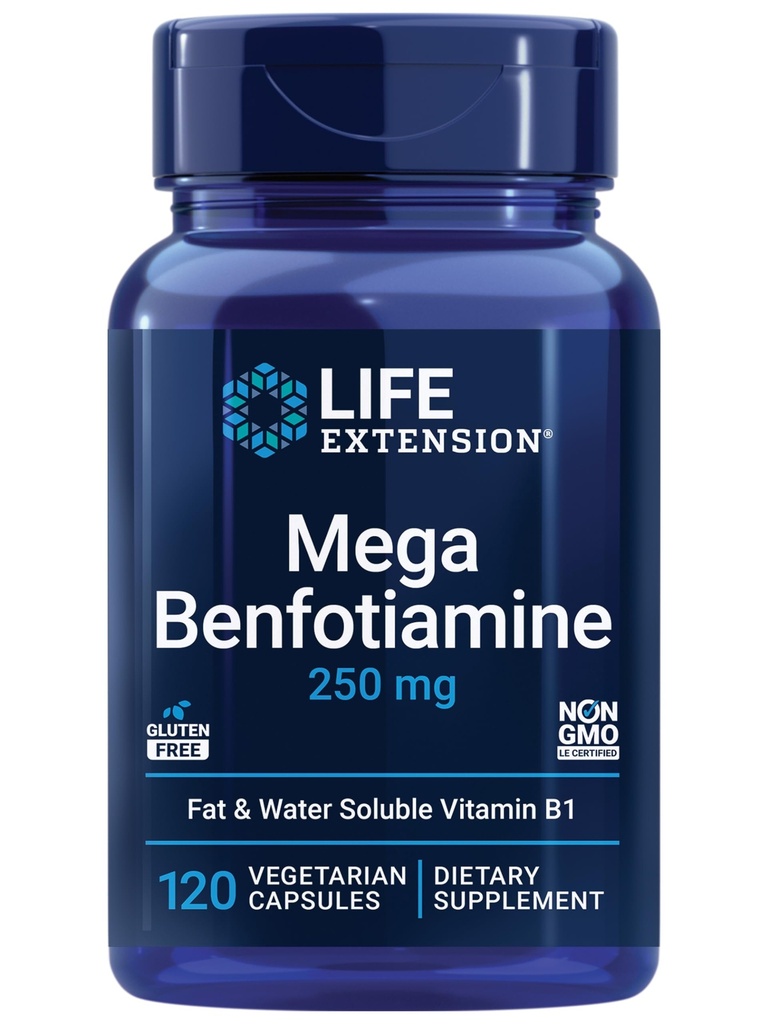 ライフエクステンションメガベンフォチアミン、250mg、チアミンの脂肪溶性フォーム、ヘルシー代謝、超通気性ビタミンB1、高効力、グルテンフリー、非GMO、ベジタリアン、120カプセル