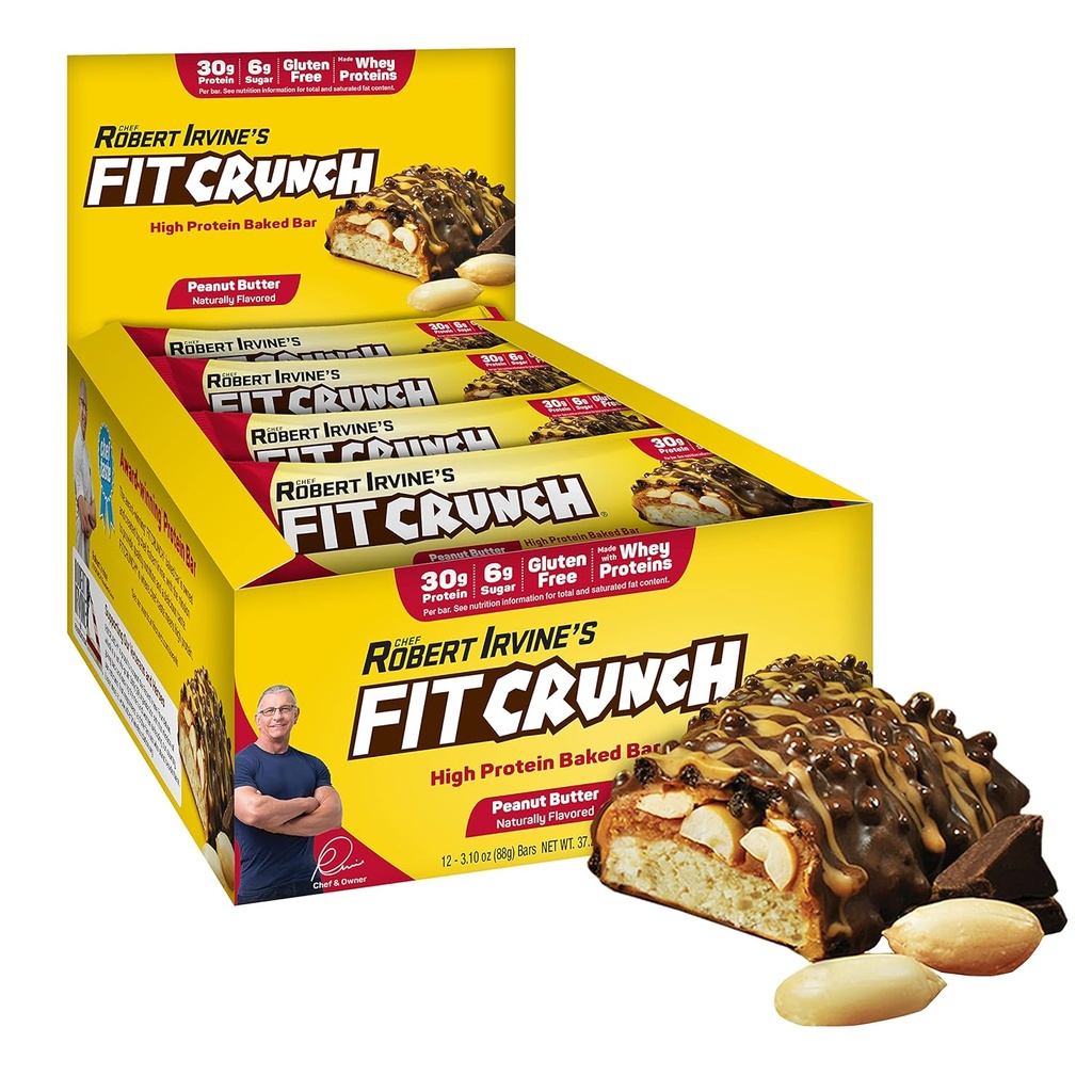 FITCRUNCH フルサイズのプロテインバー、6層焼肉バー、砂糖6g、グルテンフリー&ソフトケーキコア(12バー、ピーナッツバター)