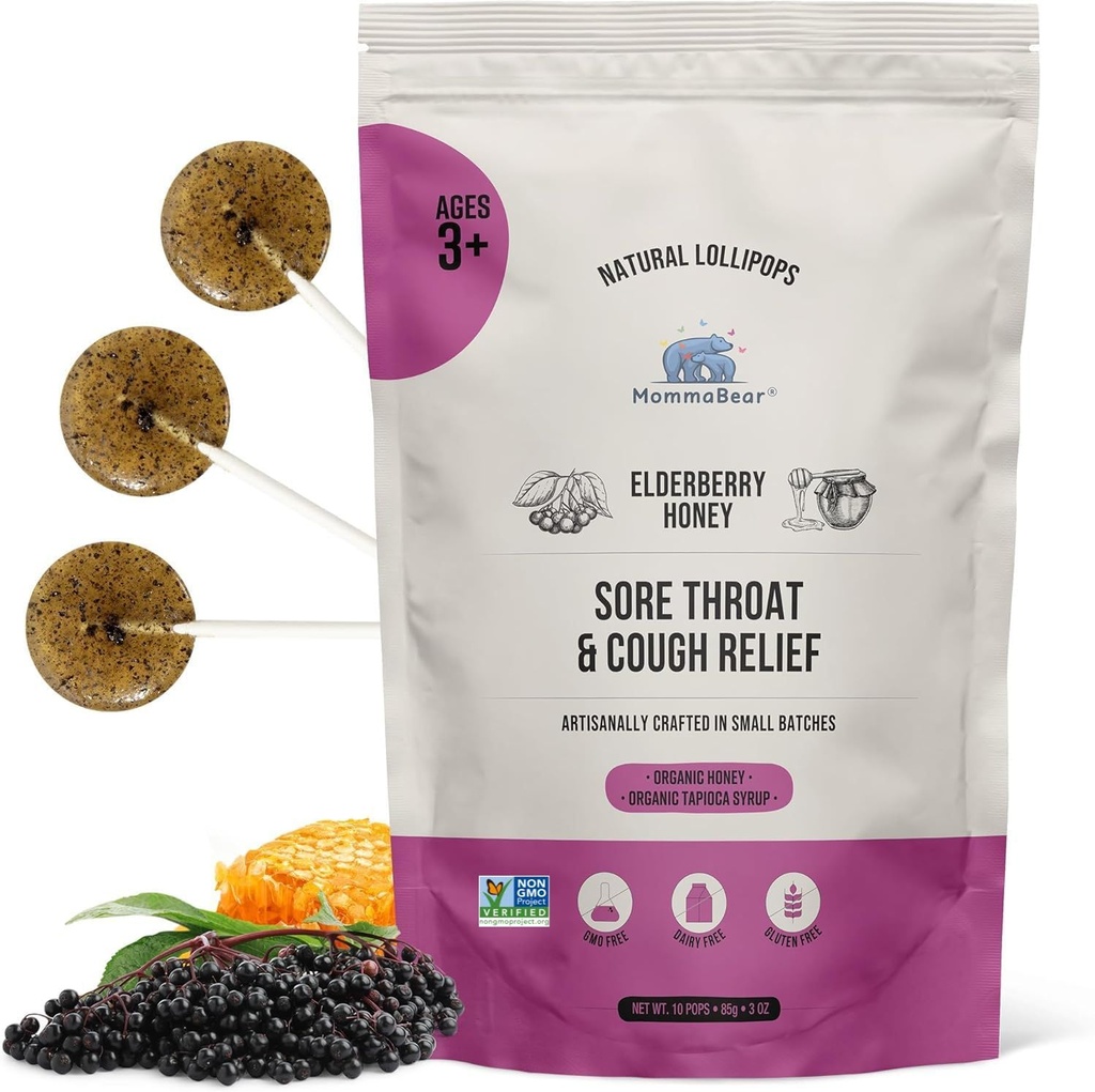 MommaBear自然 Sore Throat救済ロリポップ - エルダーベリー&ハニーキッズ咳ロリポップ - 有機カウキッズロリトリート、人工添加物なし - 鮮度(10パック)のためにしっかりとシール