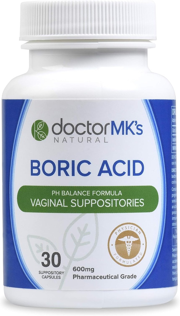 doctor MK's NATURAL Boric Acid Suppositories (600mg) for Healthy Feminine pH Support. 30 Vaginal Suppository Capsules