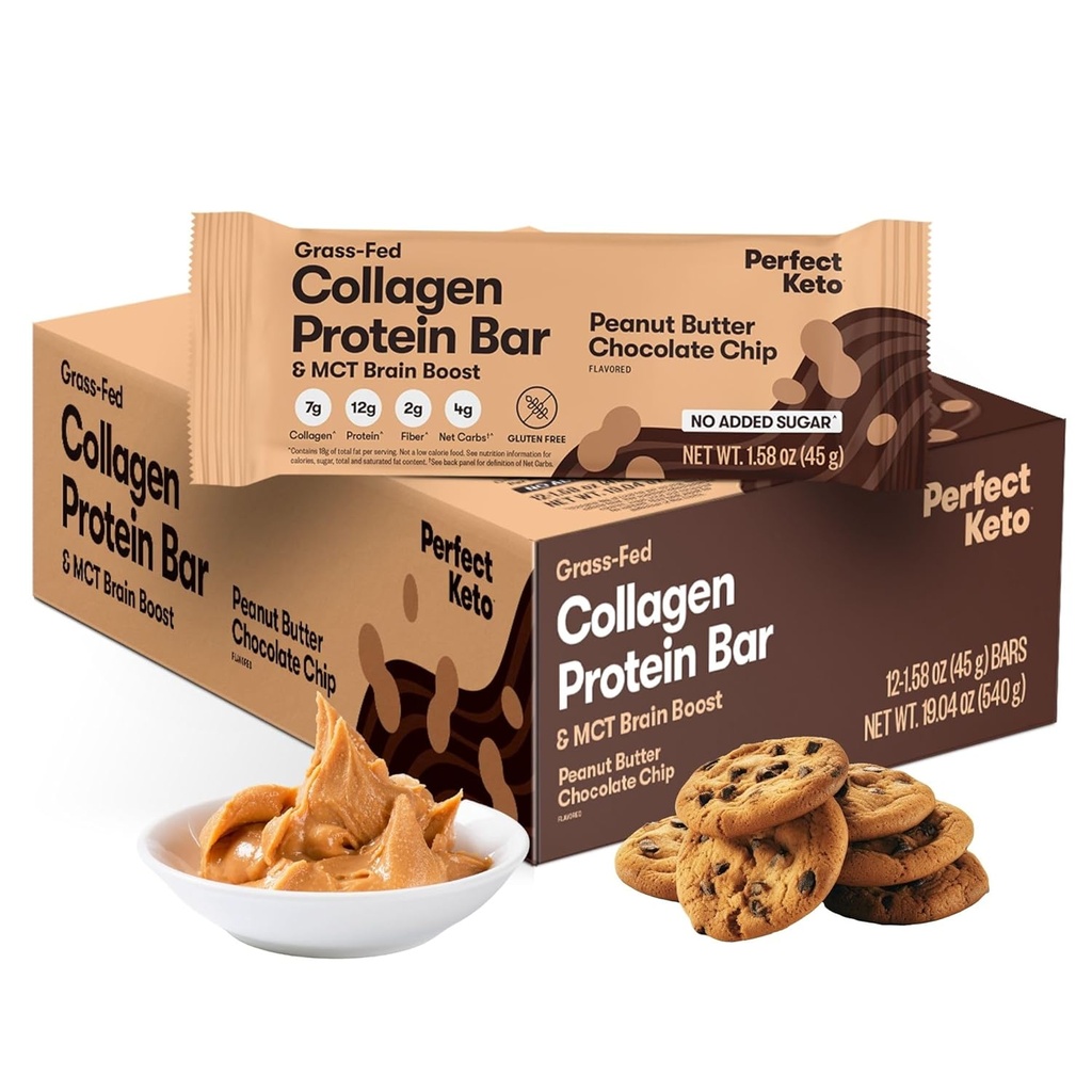Perfect Keto Collagen Protein Bar, Gluten Free Grass Fed Collagen + MCT Oil, Low Carb, No Sugar Added, High Protein Snacks, Keto Diet Foods, 13g Protein, 18g Fat, 3g Net Carbs, Peanut Butter Chocolate Chip, 12 Bars