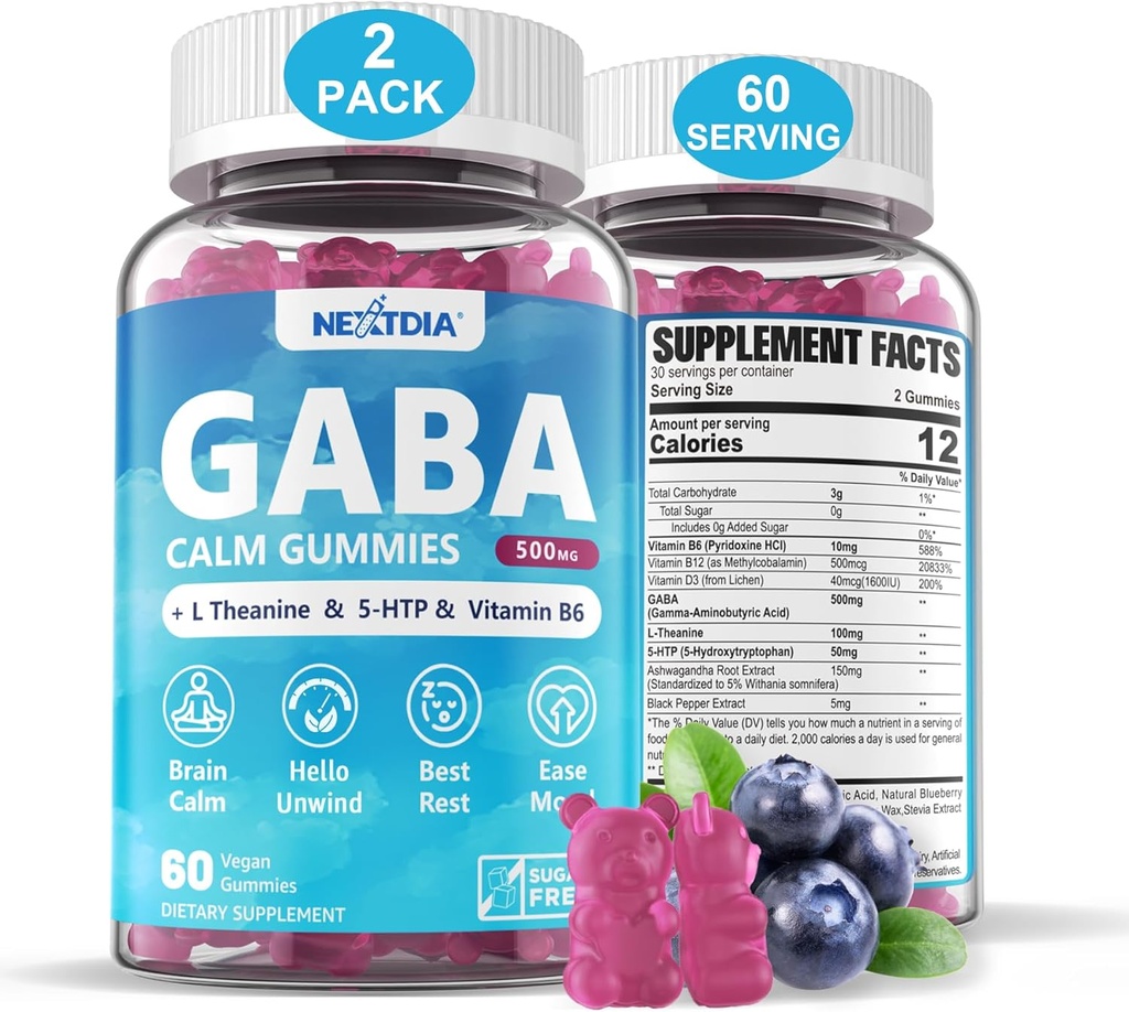 GABA Gummies 500 mg - Sugar-Free Calm Gummies with L Theanine, 5-HTP, Vitamins D3, B12, Ashwagandha, Melatonin-Free for Brain Calm, Mood, Zzz Better, GABA Supplement for Adult, Blueberry Flavor, Vegan