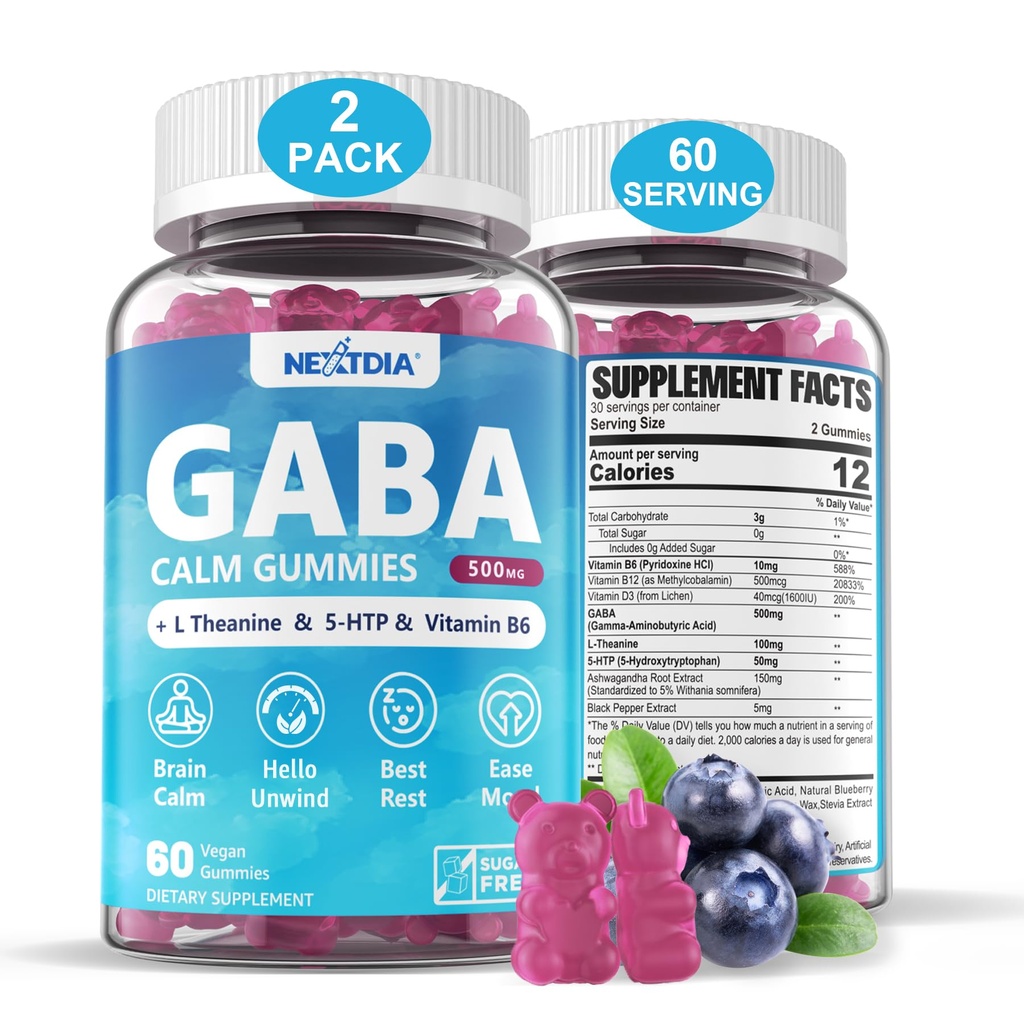 GABAグミー500mg - Lテアニン、5-HTP、ビタミンD3、B12、アッシュワガンダ、メラトニンフリー、脳カルム、気分、ツイベター、大人のGABAサプリメント、ブルーベリー味、ビーガン