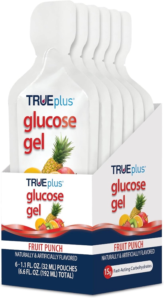 TRUEplus Glucose Gel Pouch, Fruit Punch Flavor, 15g Fast-Acting Carbohydrates, Fat Free, Gluten Free, Quick Support for Low Blood Sugar and Energy, 6 Pack