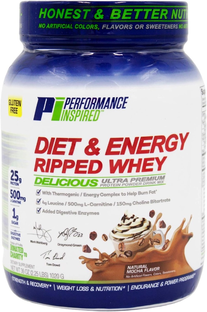 Performance Inspired Nutrition Ripped Whey Protein – 25G Protein – 4G Leucine – L-Carnitine – Green Tea Extract – Mocha – 2.25 lbs