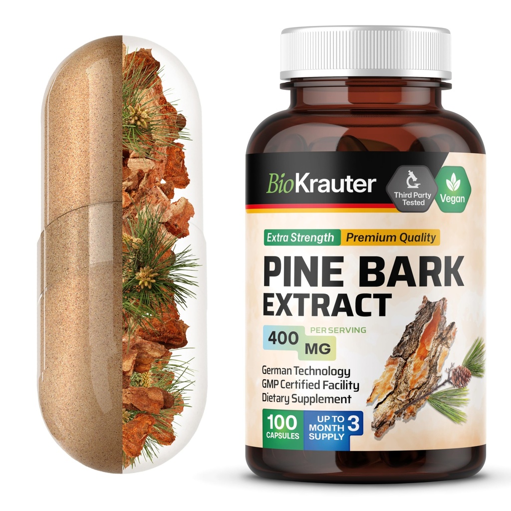 BIO KRAUTER パイン バルク エキス カプセル 400 mg - 100 カウント - 酸化防止サプリメント - 95% Proanthocyanidins - パイン バルク サプリメント - 完全菜食主義者の