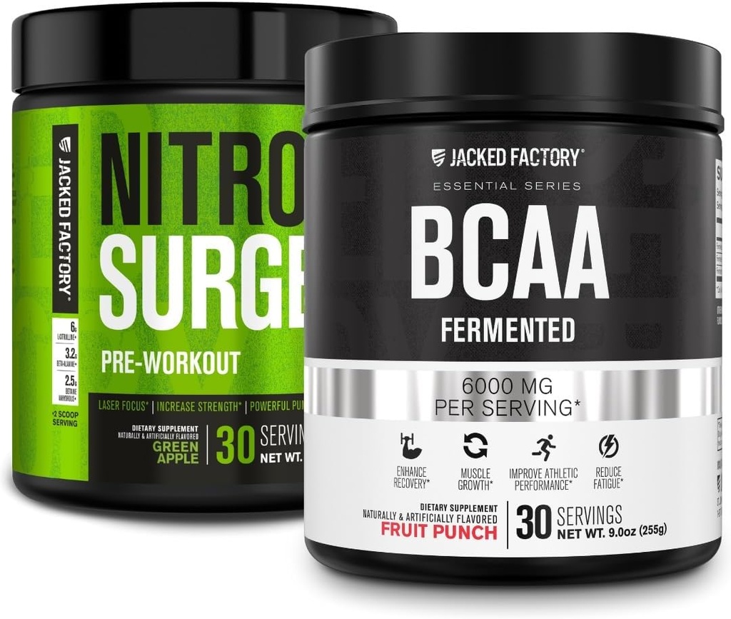 Jacked Factory Nitrosurge Pre-Workout in Green Apple & BCAA in Fruit Punch for Muscle Building and Recovery