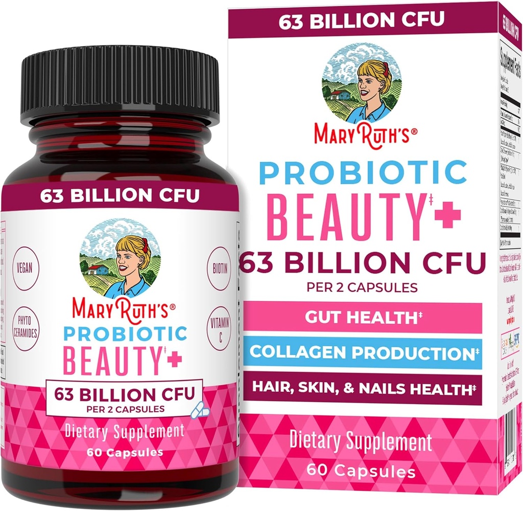 MaryRuth Organics Probiotic Beauty Capsule | ビーガンコラーゲンサポート | アンチエイジング | 腸の健康 | 美容皮膚と爪のビタミン | スキンケア | バイオチン | 非GMOプロジェクト 確認済み | 60 カウント