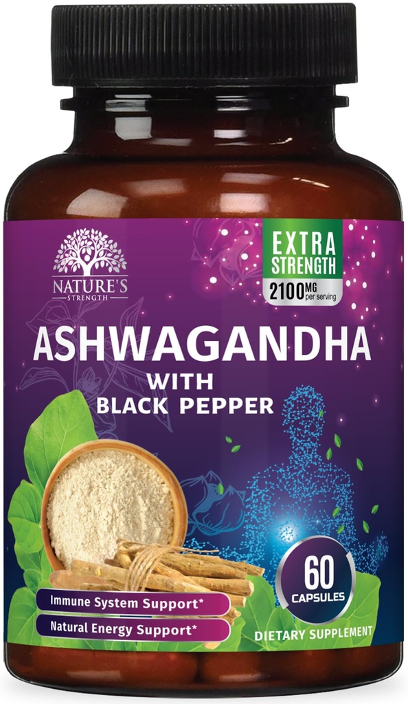 Ashwagandhaは2100mgを補います - 最高の吸収のための黒いペッパーが付いている余分強さのashwagandhaの粉及び根のエキス、女性及び人のための草の酸化防止補足、ビーガン、非GMO - 60のカプセル