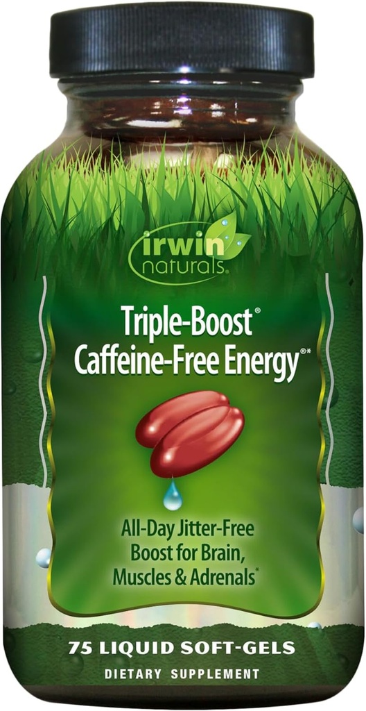 Irwin Naturals Triple-Boost Caffeine-Free Energy - Lasting, Jitter-Free Focus - Brain Boosting Nootropic - 75 Liquid Softgels