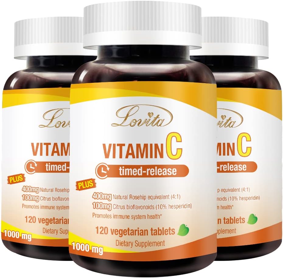 Lovita ビタミン C 1000mg と Bioflavonoids & Rose HIPS, タイムド リリース コーティング, 高い効力, サポートブースト ヘルシー 免疫機能, のための 120 ベジタリアン タブレット 4 ヶ月の供給 (パック 3)