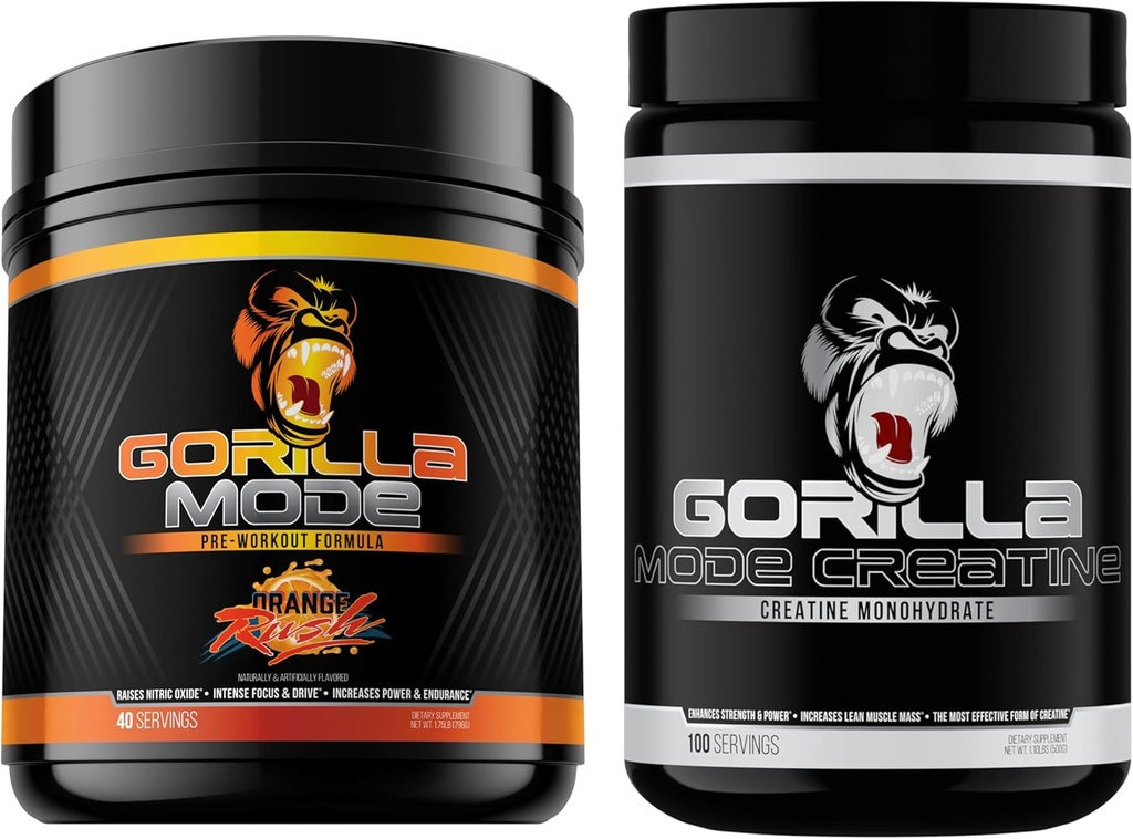 Gorilla Mind Pre Workout (Orange Rush) + Creatine (100 Serv.) - Comprehensive Stack for Improved Strength, Power Output, and Muscle Size