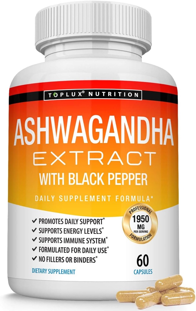 有機Ashwagandhaの根の粉は黒いコショウのエキスが付いている1950のMgを錠剤にします - 純粋で自然なAshwagandhaの補足、人の女性、60のカプセルのためのサポート エネルギー
