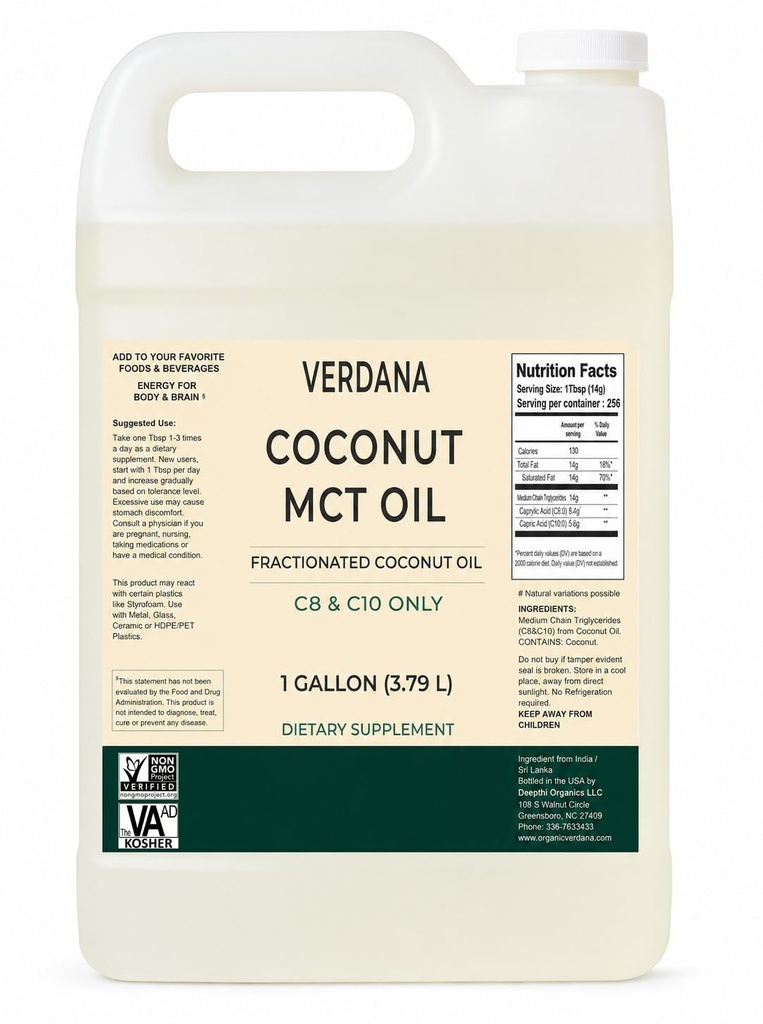 ヴェルダナ MCT オイル, フラクション, ココナッツから100% - 1ガロン - コザール食品グレード, ビーガン, 非GMO - ケトとペレオダイエットのために素晴らしい (128 Fl Oz)
