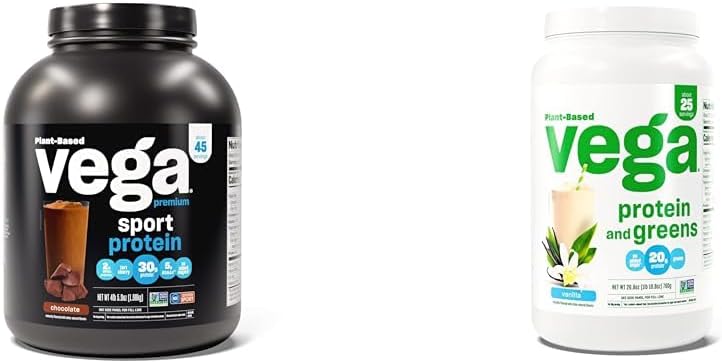 Vega Sport Premium Vegan Protein Powder Chocolate(45 Servings) 30g Plant Based Protein & Protein and Greens Protein Powder, Vanilla - 20g Plant Based Protein Plus Veggies