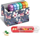 FINPAC Weekly Pill Organizers 4 Times A Day, Slide Open PU Leather Case Travel Pill Vitamin Medicine Reminder and Planner with Name Card for Morning| Afternoon| Evening| Bedtime (Blooming Hibiscus)