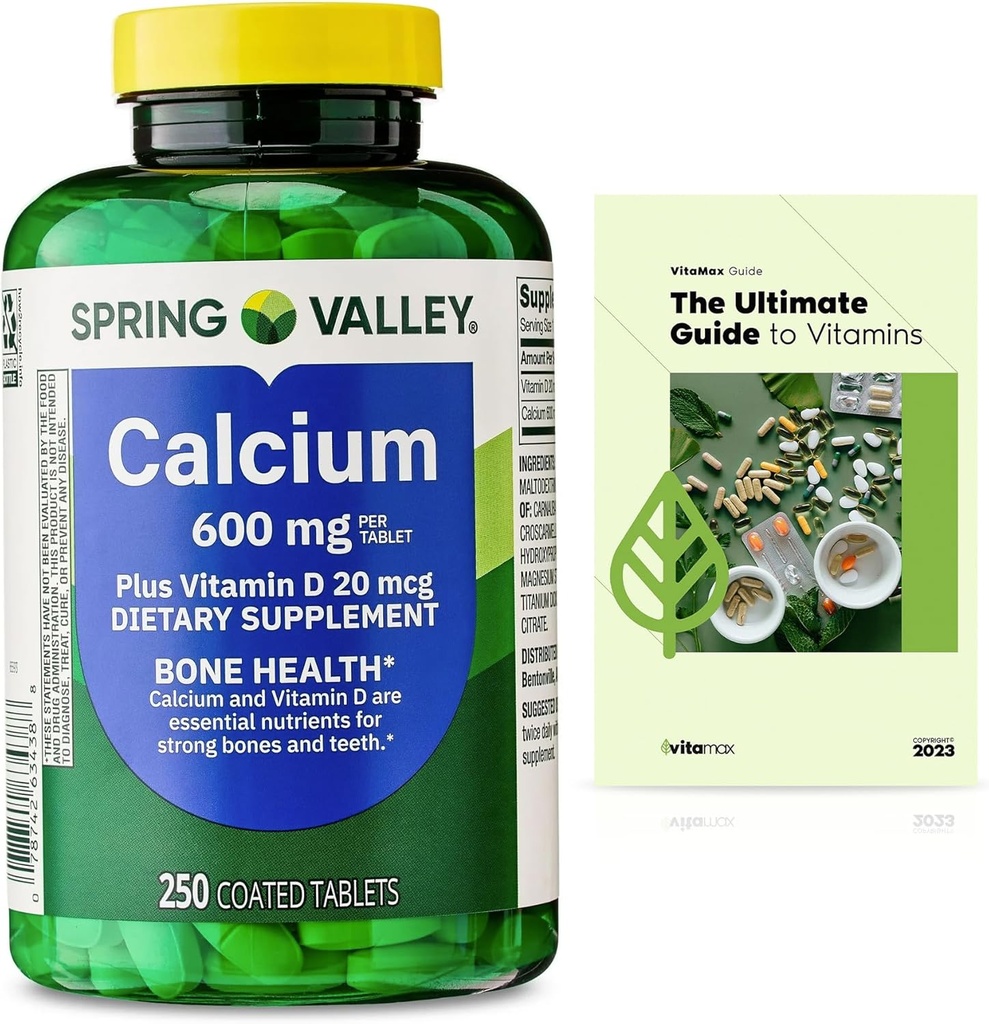 Spring Valley Calcium Plus Vitamin D Tablets Dietary Supplement, Bone Health, VIT D 20 mcg, 600 mg, 250 Count + Exclusive VitaMax Vitamin Guide (2 Items)