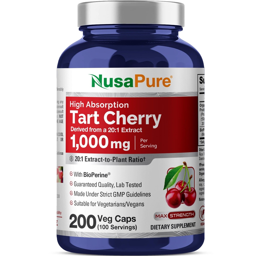 NusaPureオーガニックタルトチェリー20:1エキス、1000mg 20,000mg 200ベジーキャップ(Vegan、非GMO)バイオペリンに等価