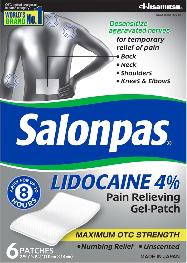 Salonpas Lidocaine 4% 痛み Relieving ゲルパッチ, 6 カウント, バック, ネック, ショルダー, 膝 & 肘の痛み