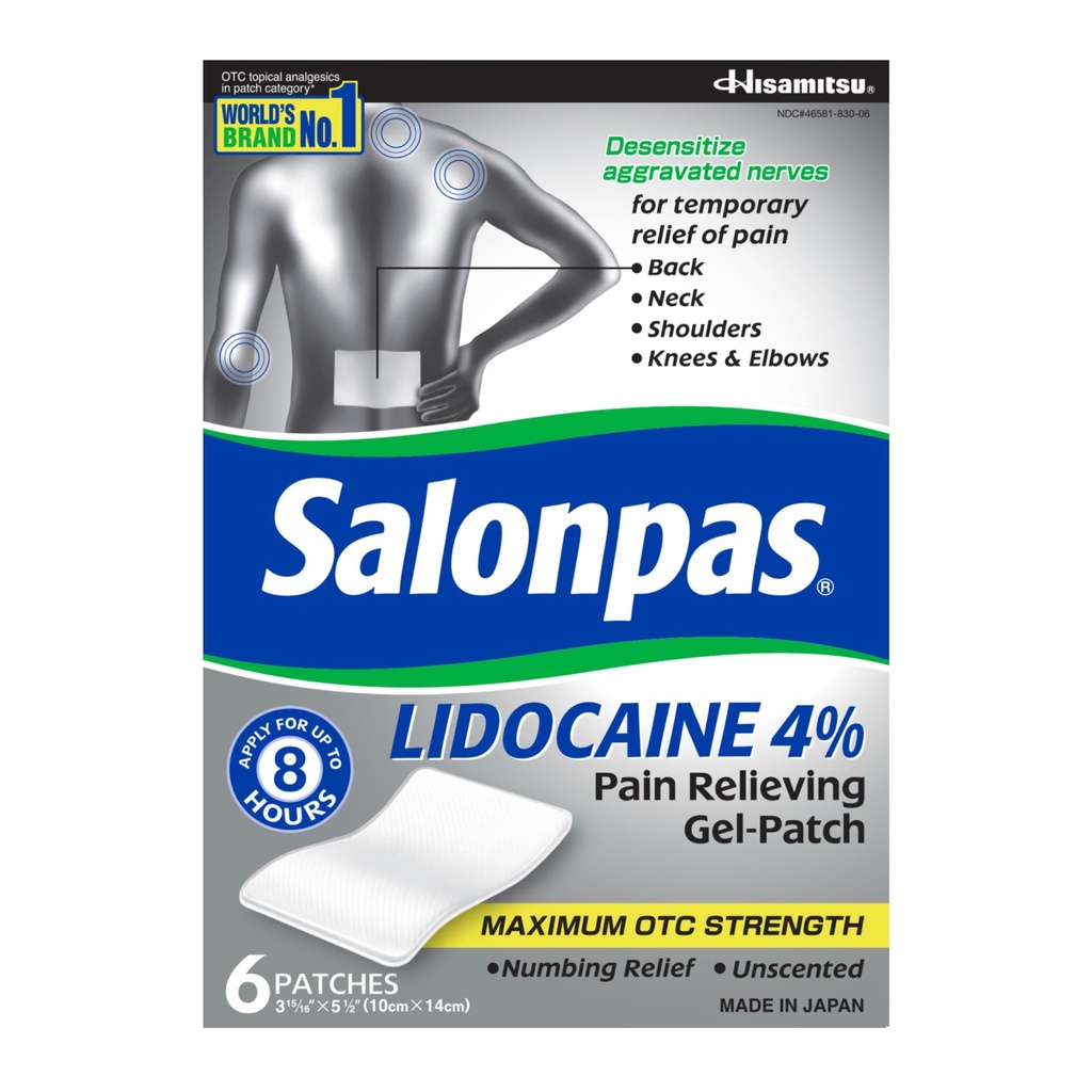 Salonpas Lidocaine 4% 痛み Relieving ゲルパッチ, 6 カウント, バック, ネック, ショルダー, 膝 & 肘の痛み