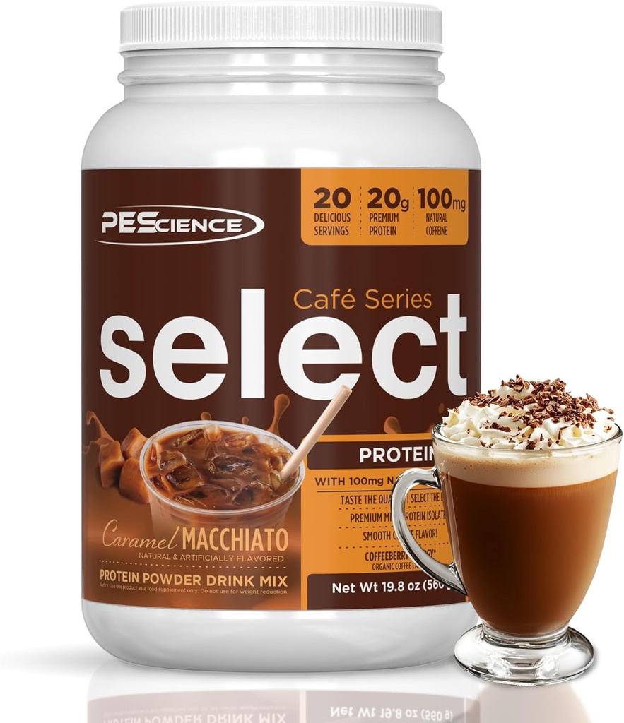 PEScience Select Cafe Protein Coffee Flavored Powder, Caramel Macchiato, 100mgカフェイン, 20g Iced Protein Coffee Powder or Creamer, 20 サービング
