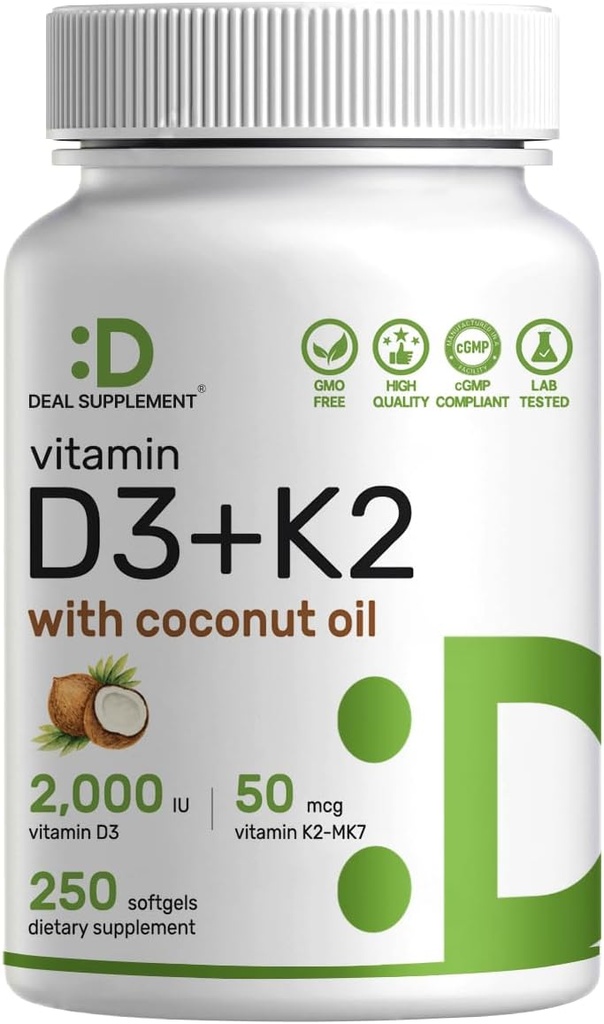 DEAL SUPPLEMENT ビタミンD3 2,000 IU + K2 MK7 50mcg Softgels | バージンココナッツオイルで2-in-1コンプレックス | 心、骨、歯の健康をサポート | 飲みやすい
