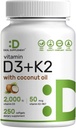 DEAL SUPPLEMENT ビタミンD3 2,000 IU + K2 MK7 50mcg Softgels | バージンココナッツオイルで2-in-1コンプレックス | 心、骨、歯、免疫の健康をサポート | 飲みやすい