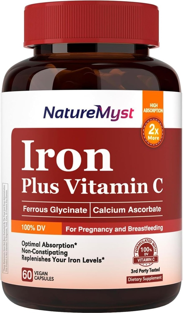 Gentle Iron Supplement for Women Men, 27mg Iron Bisglycinate Plus 120mg Vitamin C, Stomach Friendly, Optimal Absorption & Non-Constipating Iron Pills, Gluten Free, Non-GMO, 60 Vegan Caps