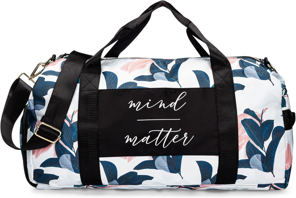 Gym Bag for Women with Shoe Compartment and Wet Pocket | Durable Lightweight Gym Duffle Bag with Motivational Quote and Graphic Designs | Great for Exercise and Overnights | White/Navy - Guava Leaf